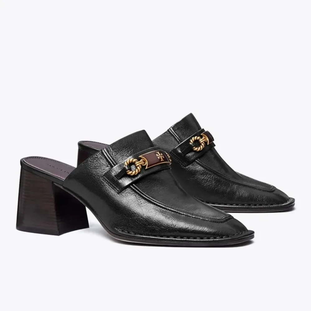 NEW Tory Burch Womens 134950 Leather Block Heel Vintage Plaque Mule Shoes US 6.5